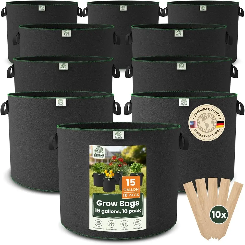 10-Pack 15 Gallon Grow Bags - Garden Planting Bags 17.7 x 14.2 INCH Made of 8.85 oz/yd² (300g/m²) Fabric Plant Pot, Plant Bag, G
