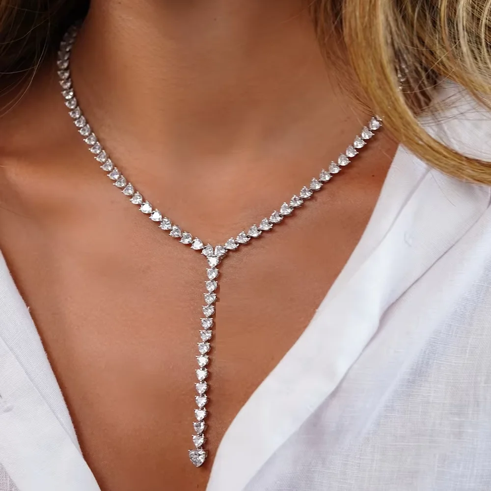 

2025 New Arrival Fashion Iced Out Bling 5A Heart Shaped CZ Tennis Chain Choker Y Lariat Necklaces For Girlfriend Women Jewelry