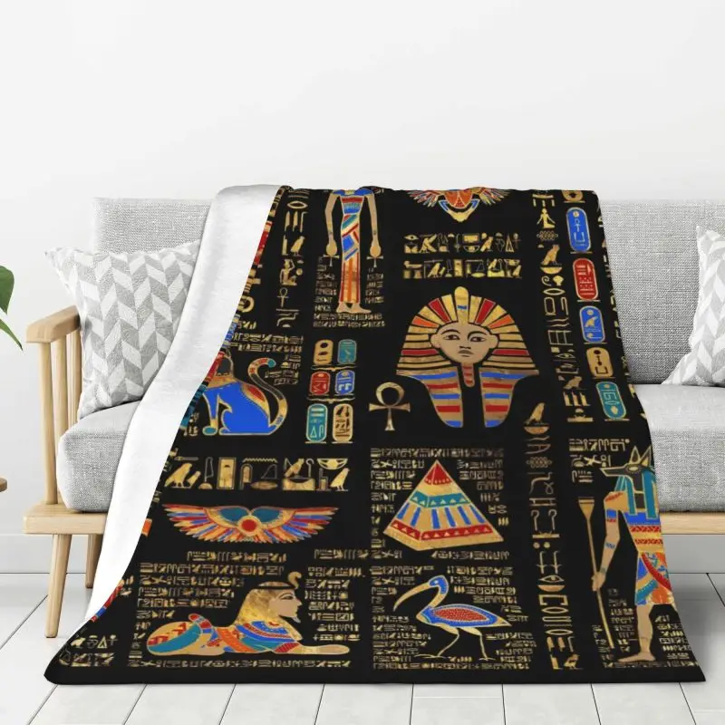 Custom Egyptian Hieroglyphs And Deities God Blankets Warm Flannel Ancient Egypt Pharaoh Throw Blanket for Bedding Couch Quilt