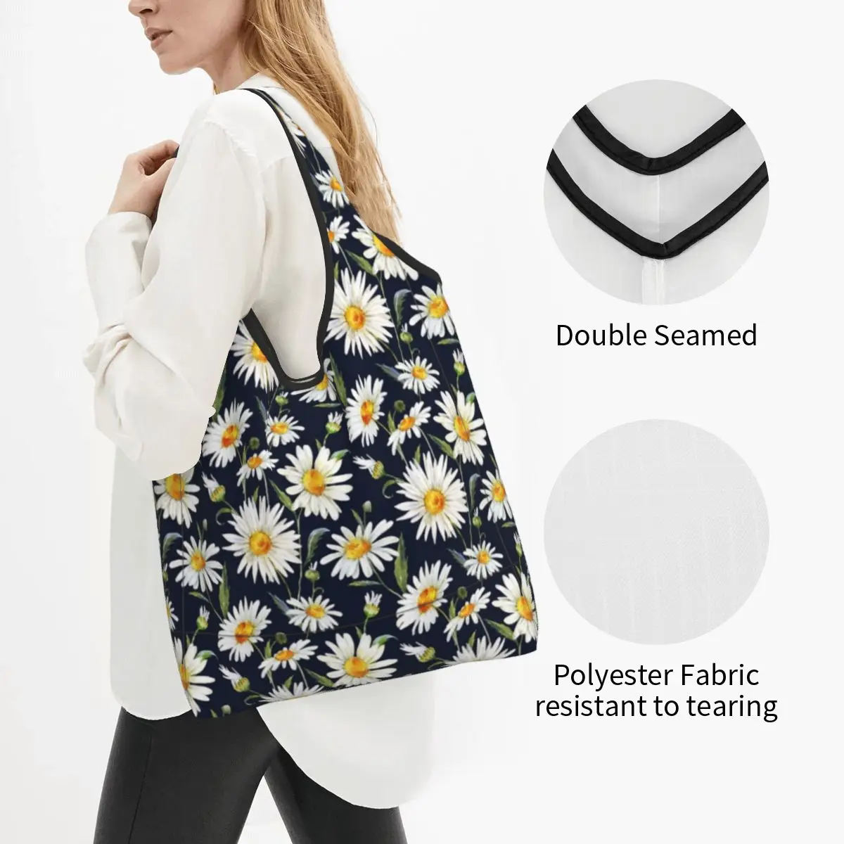 Daisy Flowers Pattern Reusable Shopping Grocery Bags Foldable 50LB Weight Capacity Eco Bag Eco-Friendly Eco-friendly