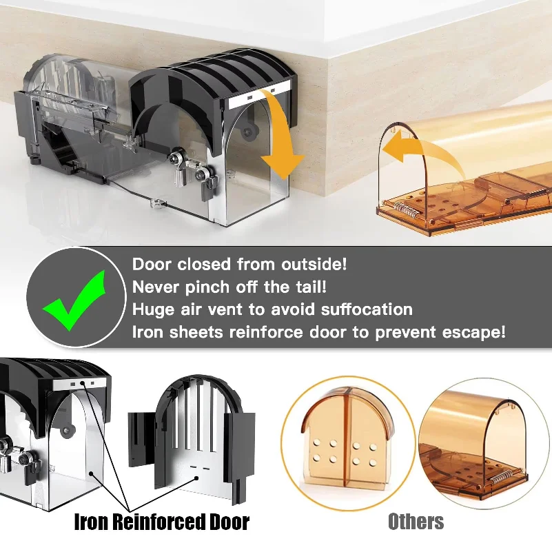 Safe Firm Humane Reusable Plastic Rodents Trap Household Mouse Catcher Smart Self-locking Mousetrap for Indoor Outdoor Garden