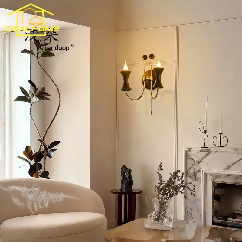 American Vintage Bedroom Candle Wall Lamp LED E14 Double Head French Medieval Wall Mounted Bedside Living Room Sofa Background