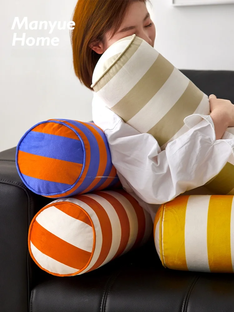 Ins Style Candy Stripe Pillow Backrest Support Velvet Cushion Bedroom Living Room Soft Decor round Cylinder Headrest Pillow