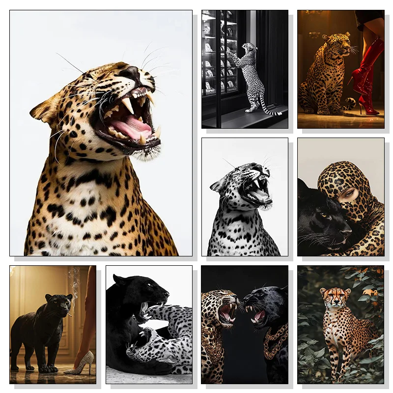 Cheetah Leopard Black Panther with Jewelry Photography Poster Fashion Canvas Painting Print Wall Art for Living Room Home Dec