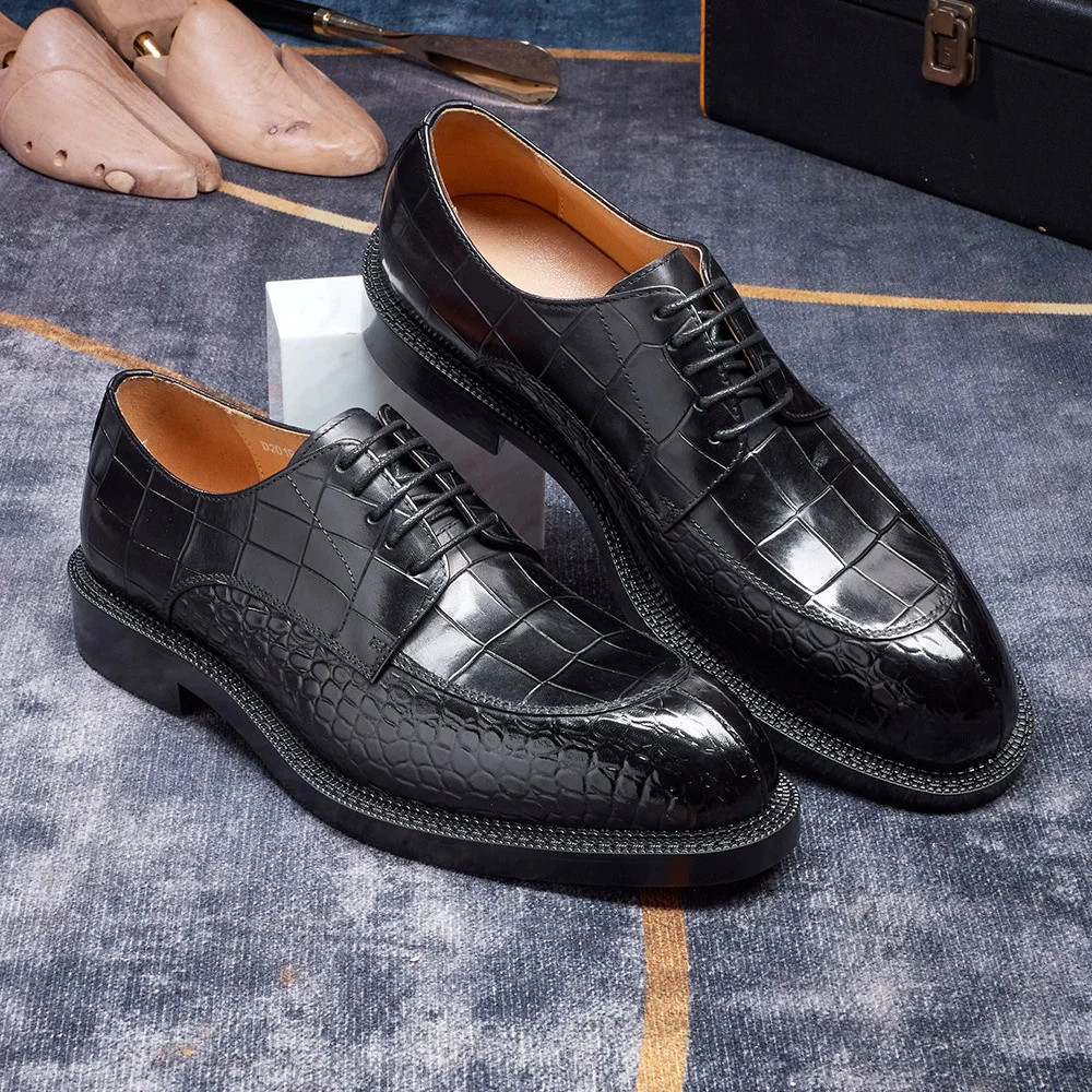 Men's Leather Shoes British Style Black Genuine Cowhide Crocodile Pattern Formal Derby Shoes Thick Sole Height Increase Shoes view 6