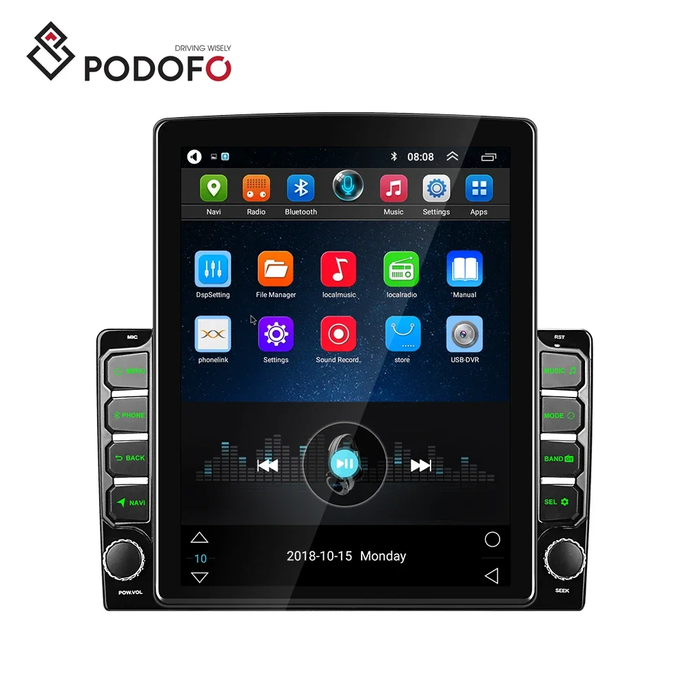 Podofo 2+32GB 9.7'' Android 9.0 2 Din Car Radio GPS Navigation Stereo 2.5D Vertical Screen Autoradio 4 Lights Camera BT/FM