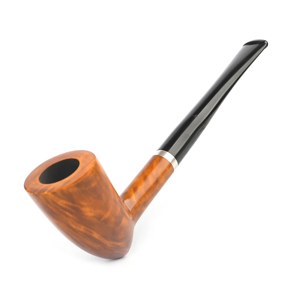 MUXING Classic Smooth Briarwood Smoking Pipe, Silver Metal Ring Decoration, Portable Black Mouthpiece