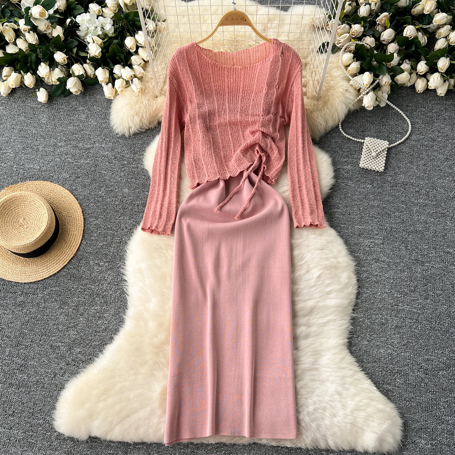 French Vintage Shirring lool sleeve slip knit overcoat with sweet slip A-line Chic Casual Vacation Women Summer dresses