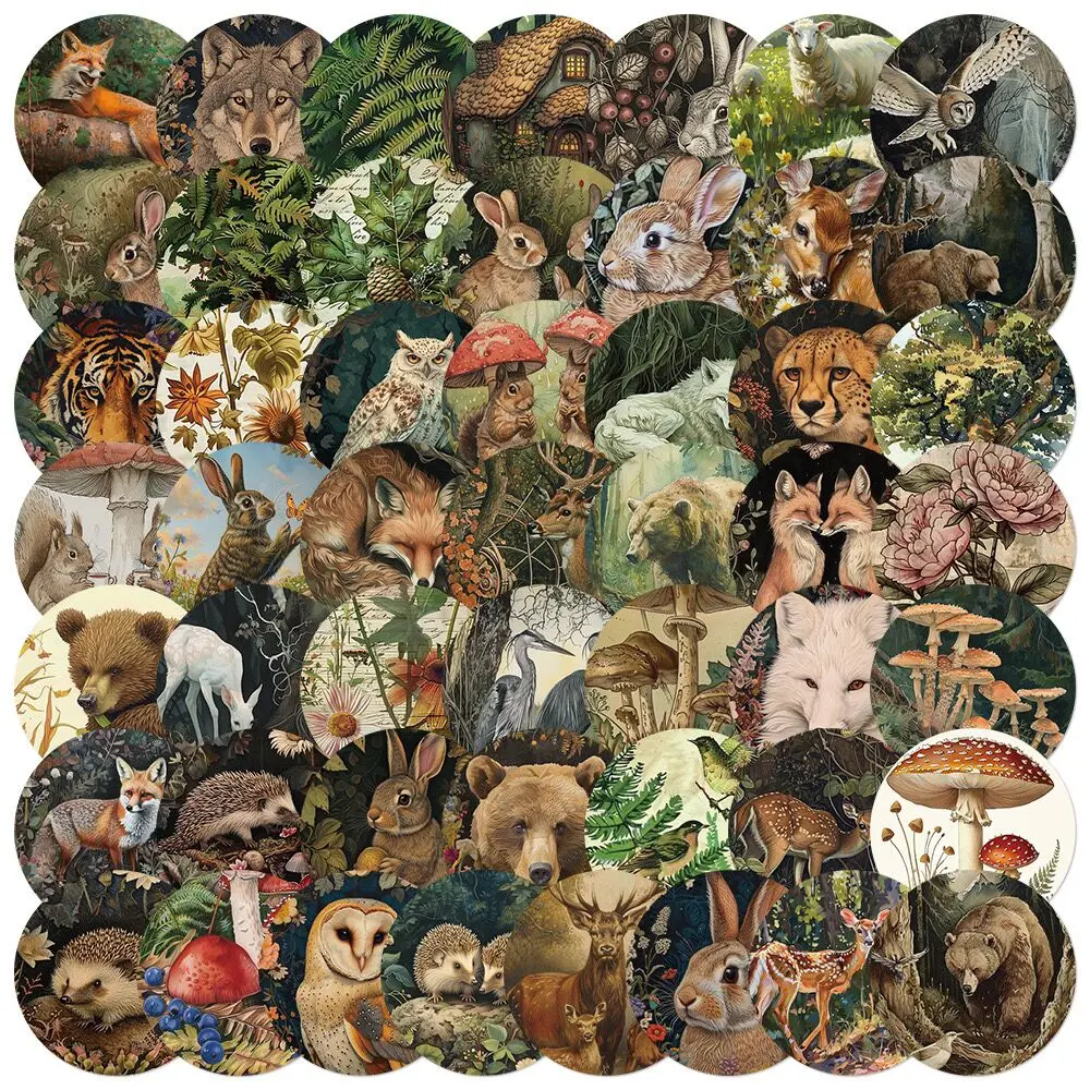 10/50pcs Vintage Cartoon Forest Plants Animals Stickers Waterproof Graffiti DIY Notebook Laptop Water Bottle Luggage Car Sticker