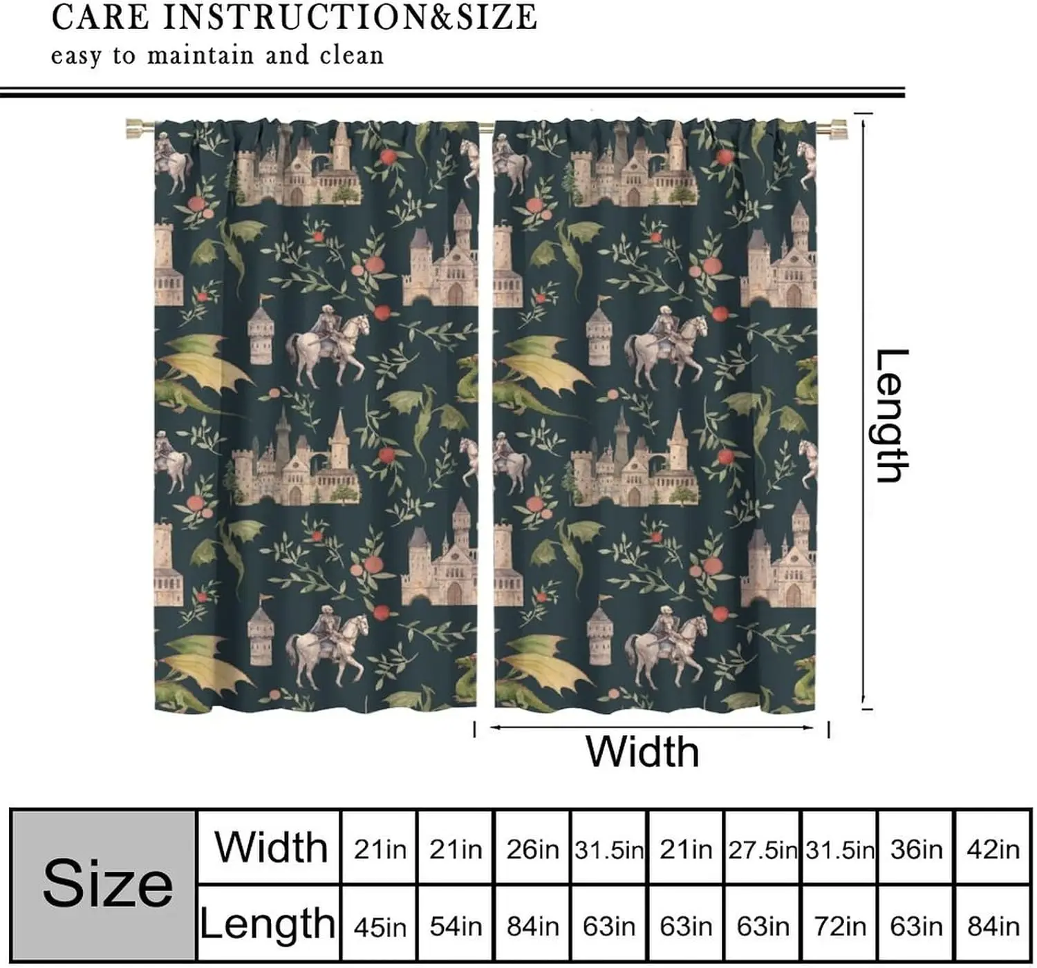 Dragon Curtains, Magical Medieval Castle Dragon Knights and Floral Pattern Window Treatments, Fairy Tale Print Blackout Drapes
