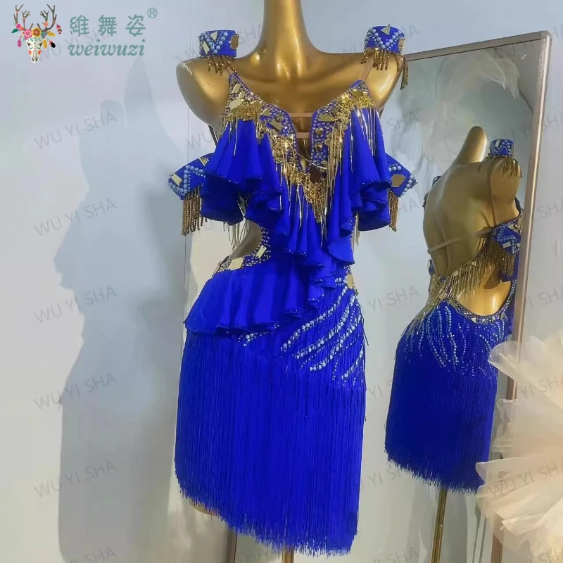

Latin Dance Costume Rhinestone Women's High-end Custom Floating Fabric Tassel Backless Suspender Tango Samba Performance Dress