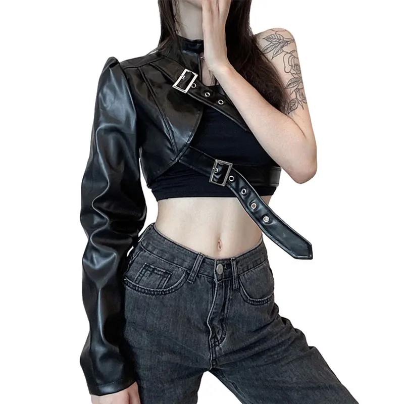 New Autumn Women\'S Punk Style Crop Top Jacket  Cool Single Long Sleeved Hanging Neck Leather Belt Connected Cool Jacket