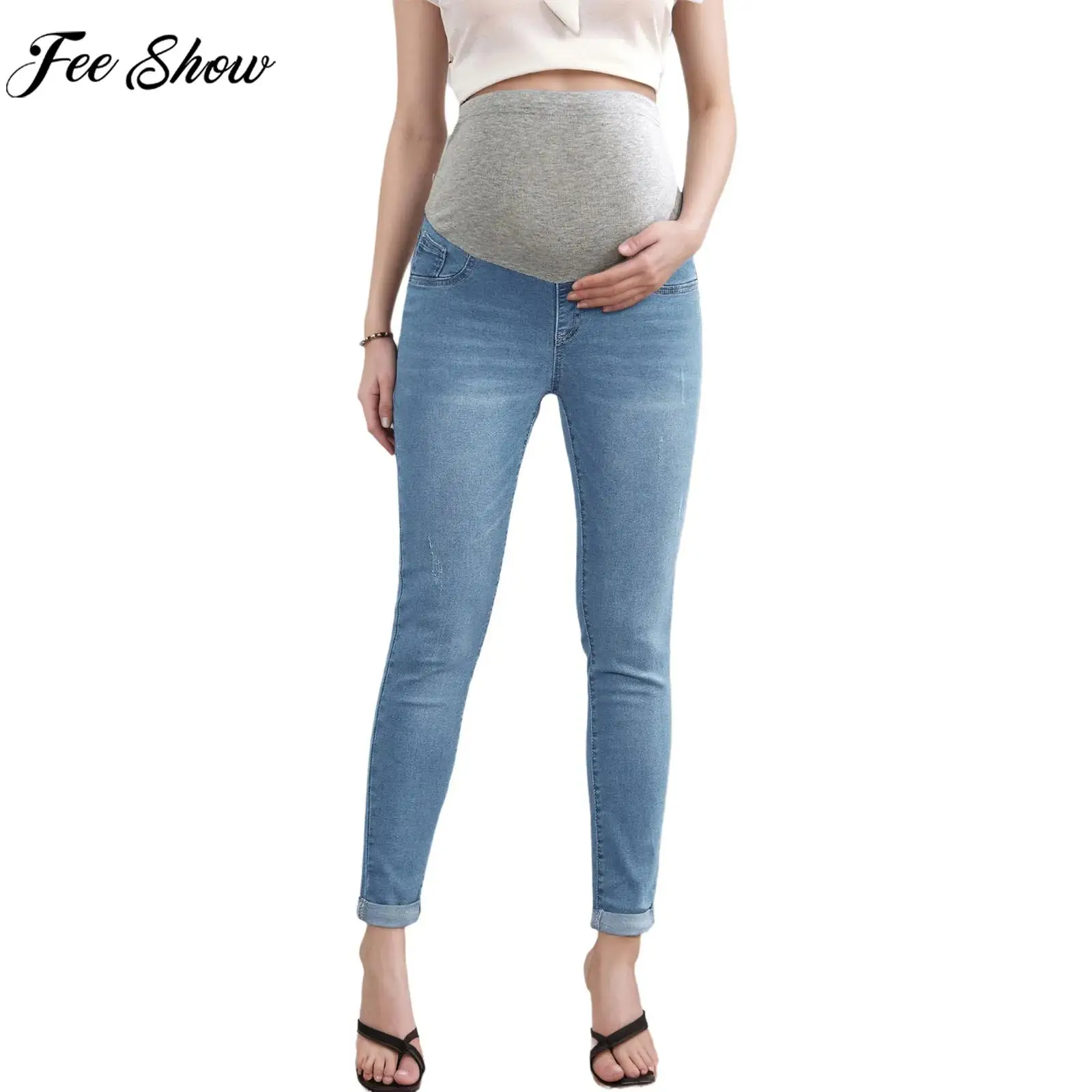 Maternity Fashion High Waist Support Belly Jeans Tight-fitting Elastic Hip Lifting Denim Pants Shorts Casual Daily Work Wear