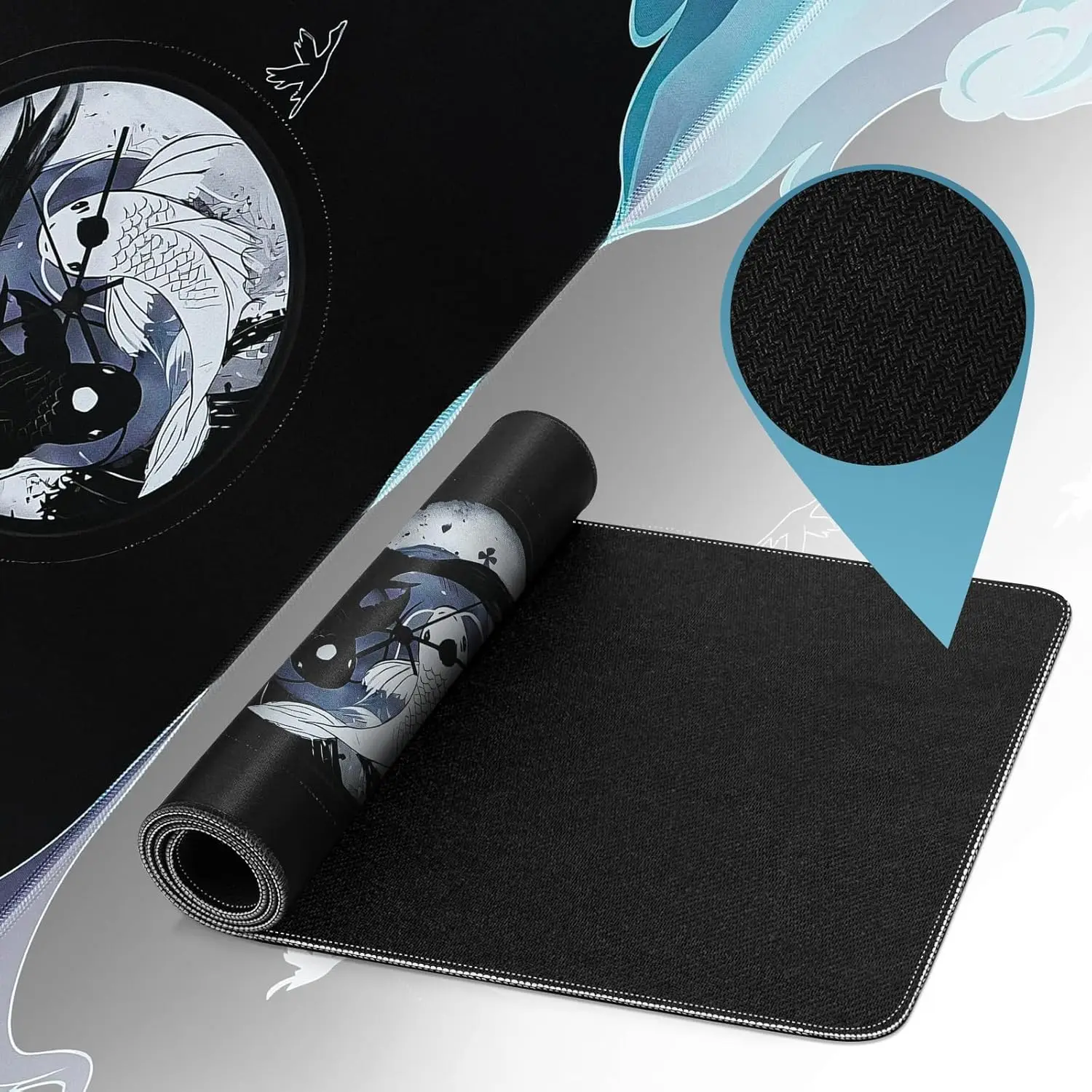 Large gaming mats black and white koi creative design mouse pad rubber non-slip base precision locking edge laptop office pads