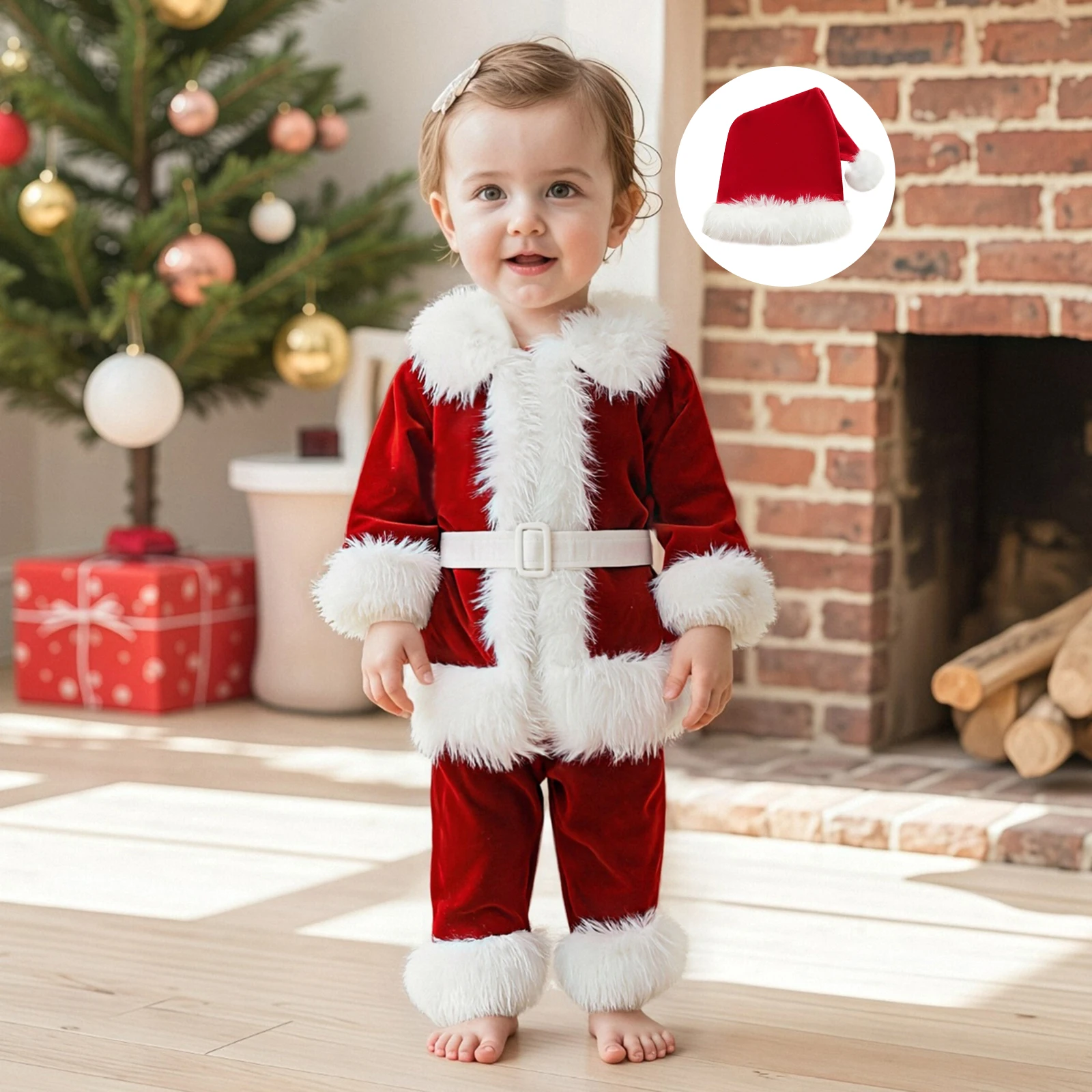 Kids Boys Girls Santa Costume Christmas Long Sleeve Belted Jacket Pants Hat Set Solid Color Holiday Cosplay 3 Pieces Outfit