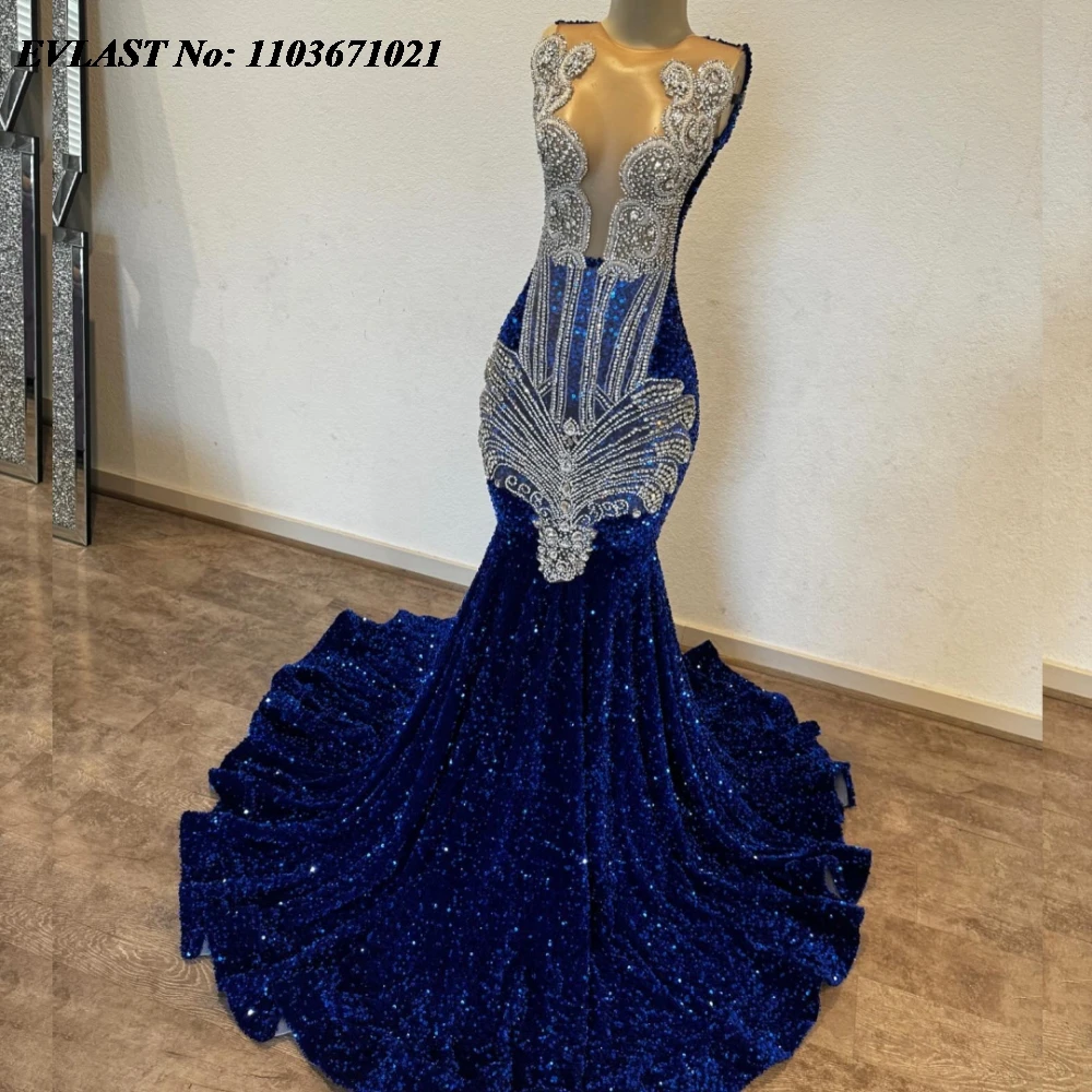 EVLAST Customized Royal Blue Sequins Tassel Prom Dress For Black Girls 2024 Crystal Beaded African Formal Party Gala Gown P113