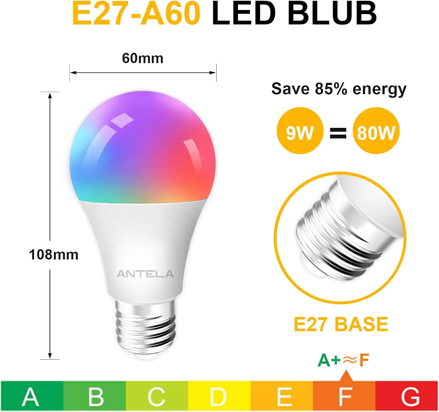 LED light bulb E27 Bluetooth 9W 806LM Smart LED dimmable bulb lamp, warm white (2700K) cool white (6500K) light,2pcs