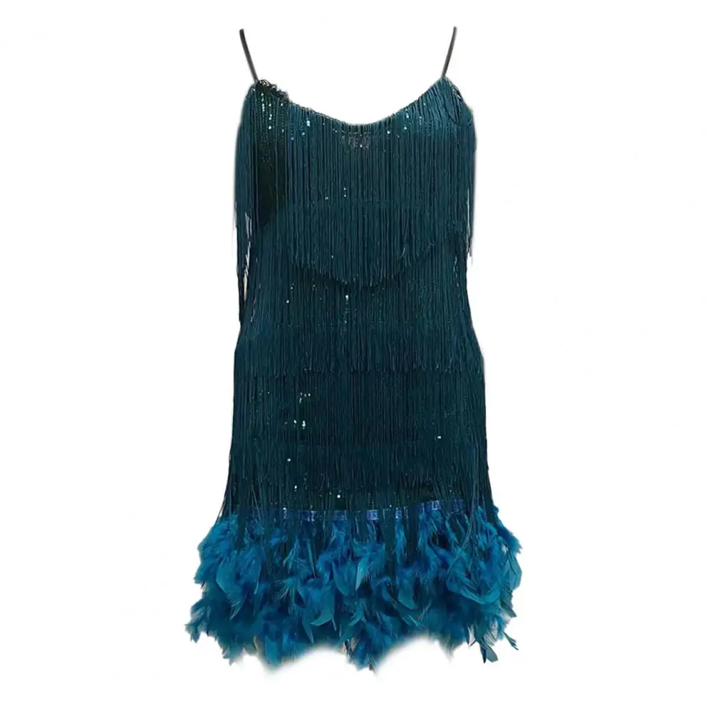 

Loose Cut Dress Sequin Tassel V Neck Party Dress with Feather Decor for Women Backless Rumba Cha-cha Dance Costume Mini Club