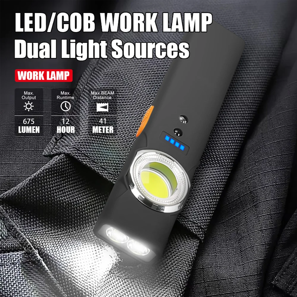 Multi-functional Portable Flashlight USB Rechargeable Work Light with Magnetic Outdoor Strong Dual Light Source Emergency Lamp