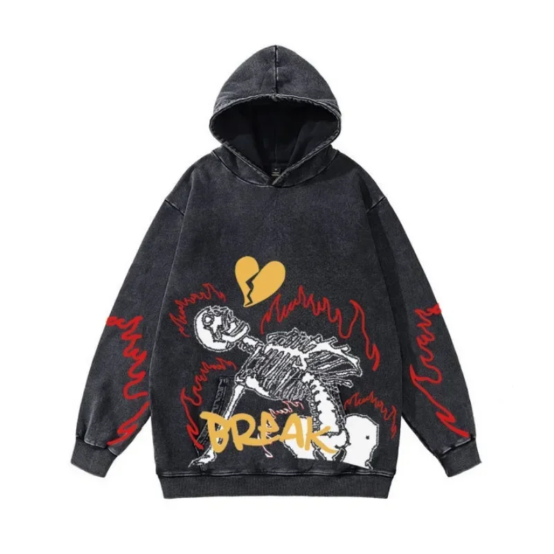 Skull Print Retro Hoodie Women High Street Trend Gothic Sweatshirt Y2K Sweater Ins Loose Couple Street Hooded Sweatshirt Man