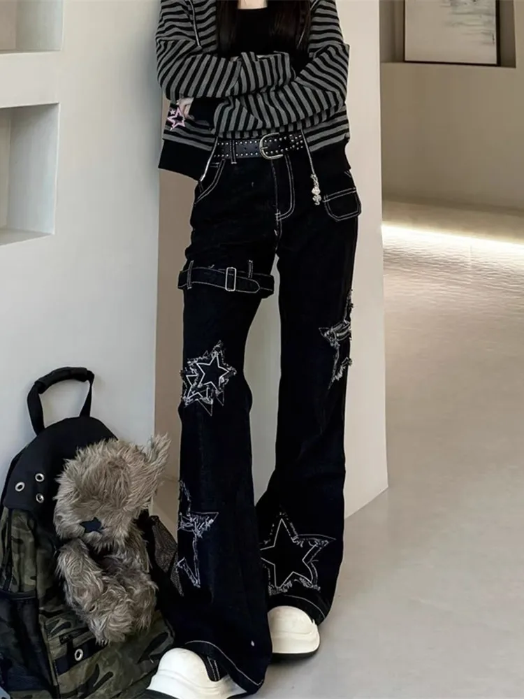 2025 American Retro Y2K Style Star Ricamo Nero Slim Jeans da donna Pantaloni Streetwear Abbigliamento donna Pantaloni lunghi di nuova moda