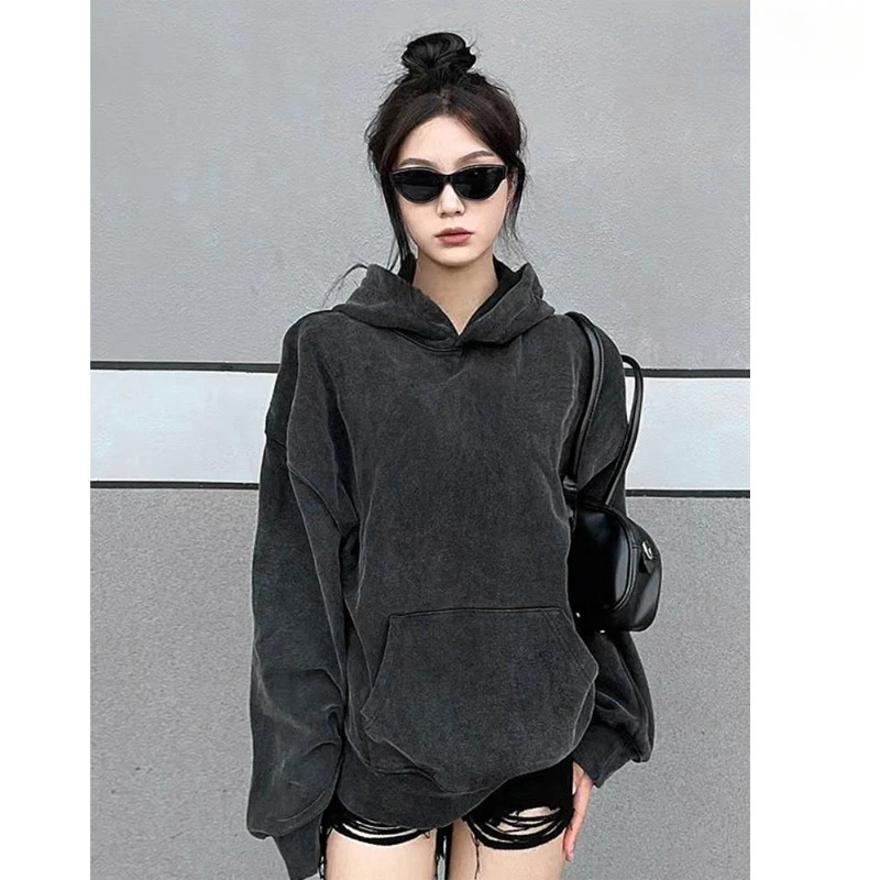 

Худи Huacan из композитного молочного шелка, 350 грамм, с эффектом потертости, черное, винтажное, с капюшоном, длинный рукав