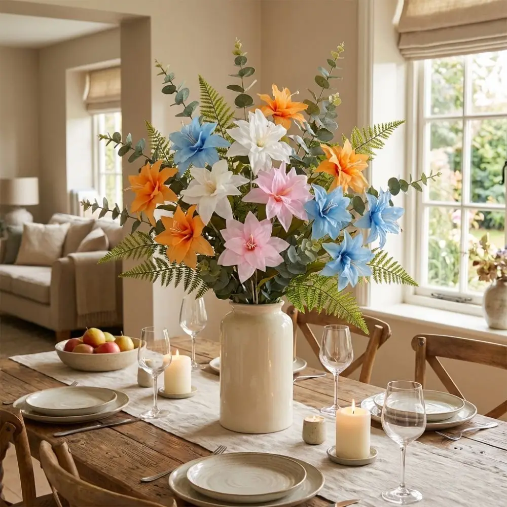 

3 Heads Artificial Flower Branch Realistic Real Touch Lilium Brownii Flower Handmade Green Plants Simulation Flowers