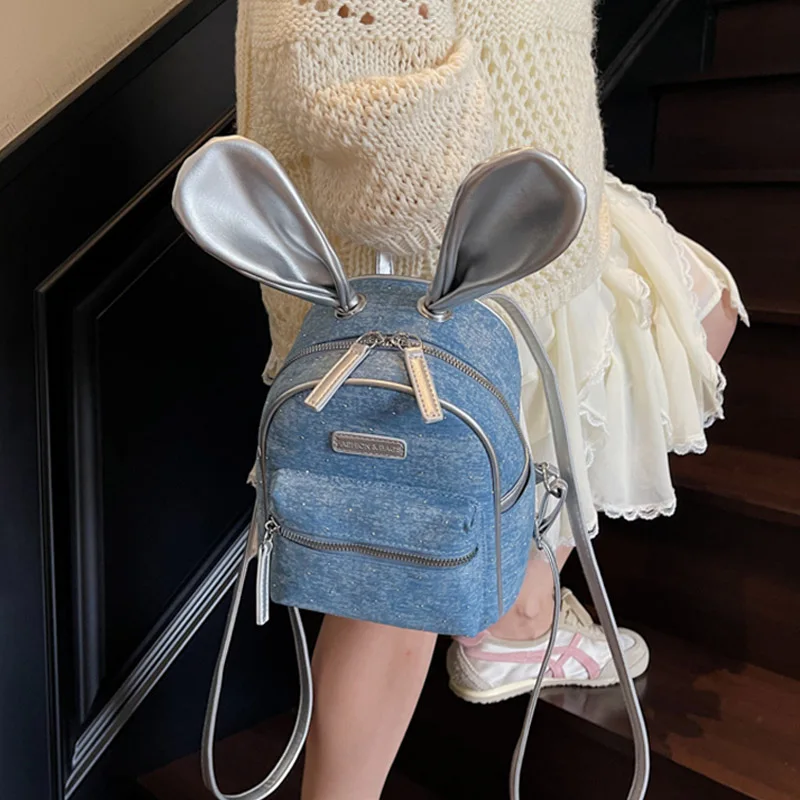 

Fashion Mini Diamond Denim Backpacks Cute Rabbit Ear Handbags Versatile One Shoulder Bags Casual College Student School Bags