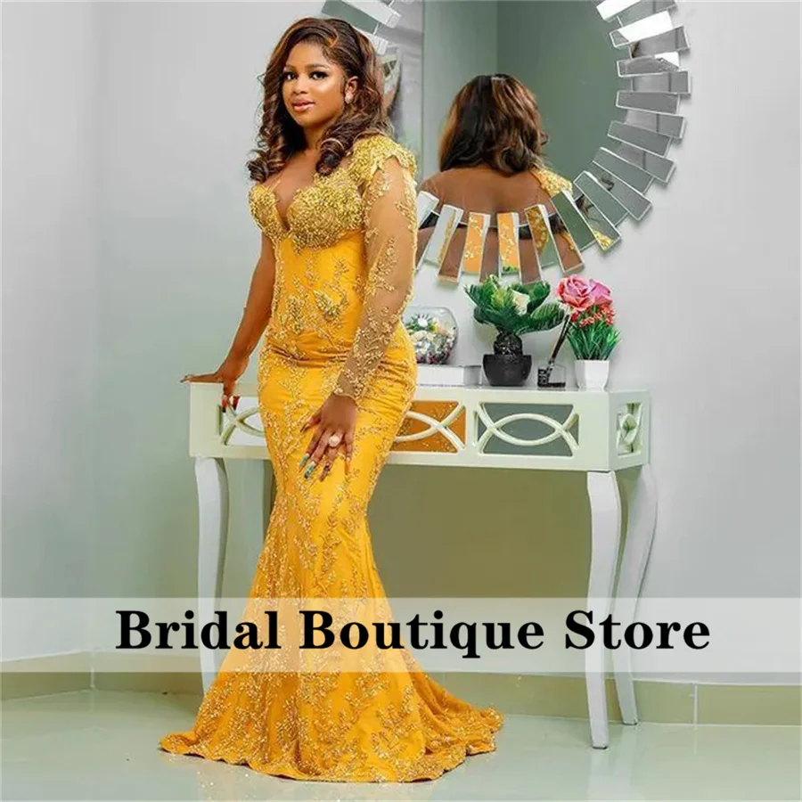 Elegant Yellow Prom Dresses 2024 Long Sleeves Sparkly Beads Crystals African Evening Gowns Wedding Reception Gown  Customized