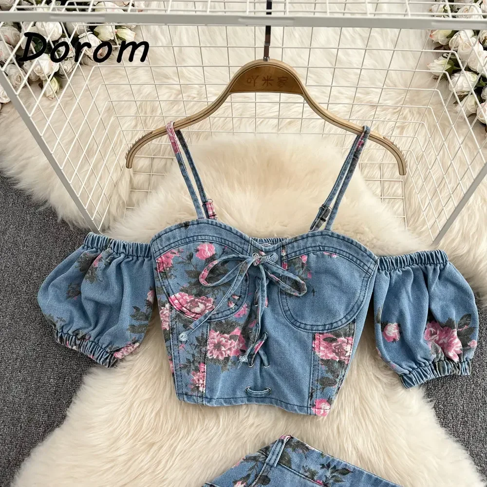 Vintage Flower Print Denim Two Pieces Sets Women Summer V-Neck Lace-up Jeans Crop Top +High Waist Irregular Skirt Female Suits