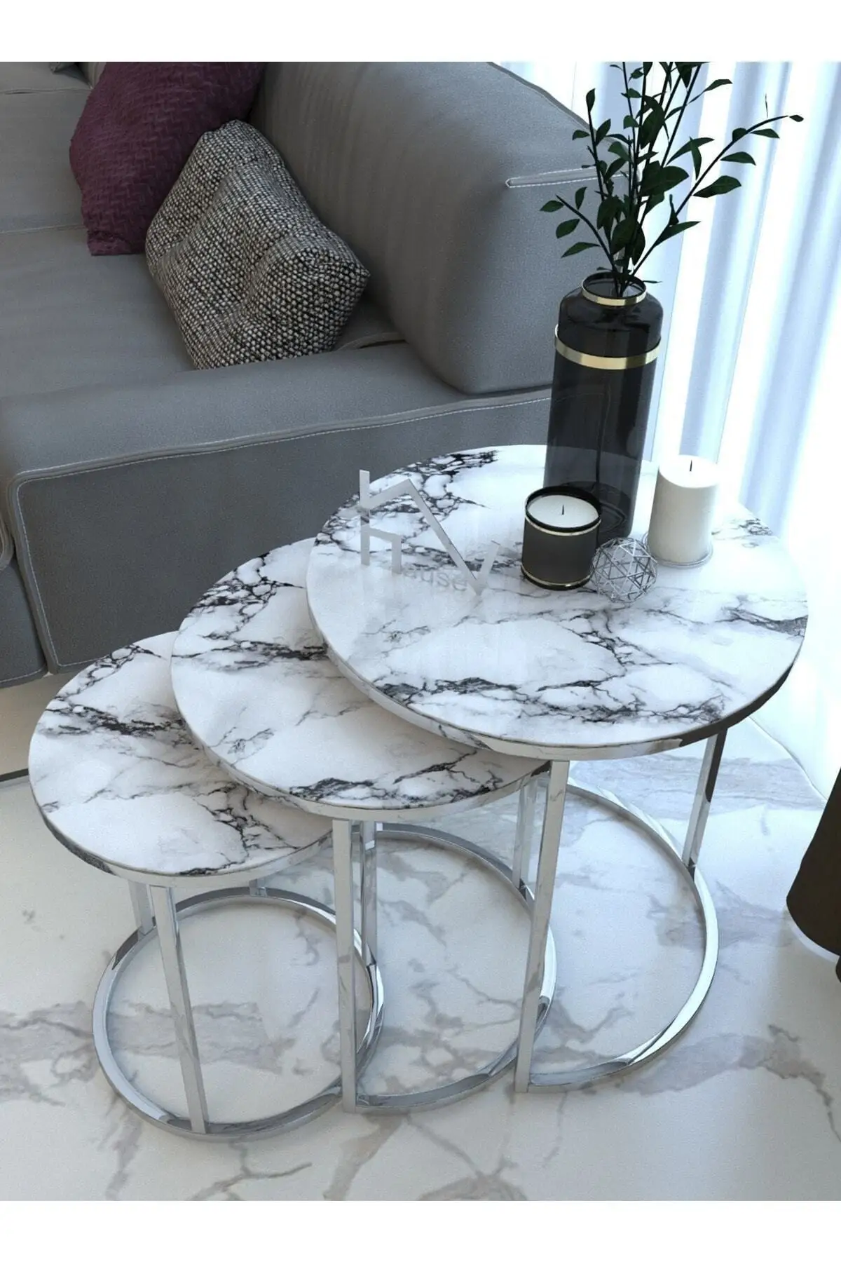 

DOLBOVI Marble Pattern Silver Metal Zigon Coffee Table ''kırılmaz Tempered Cam'' Coffee Table