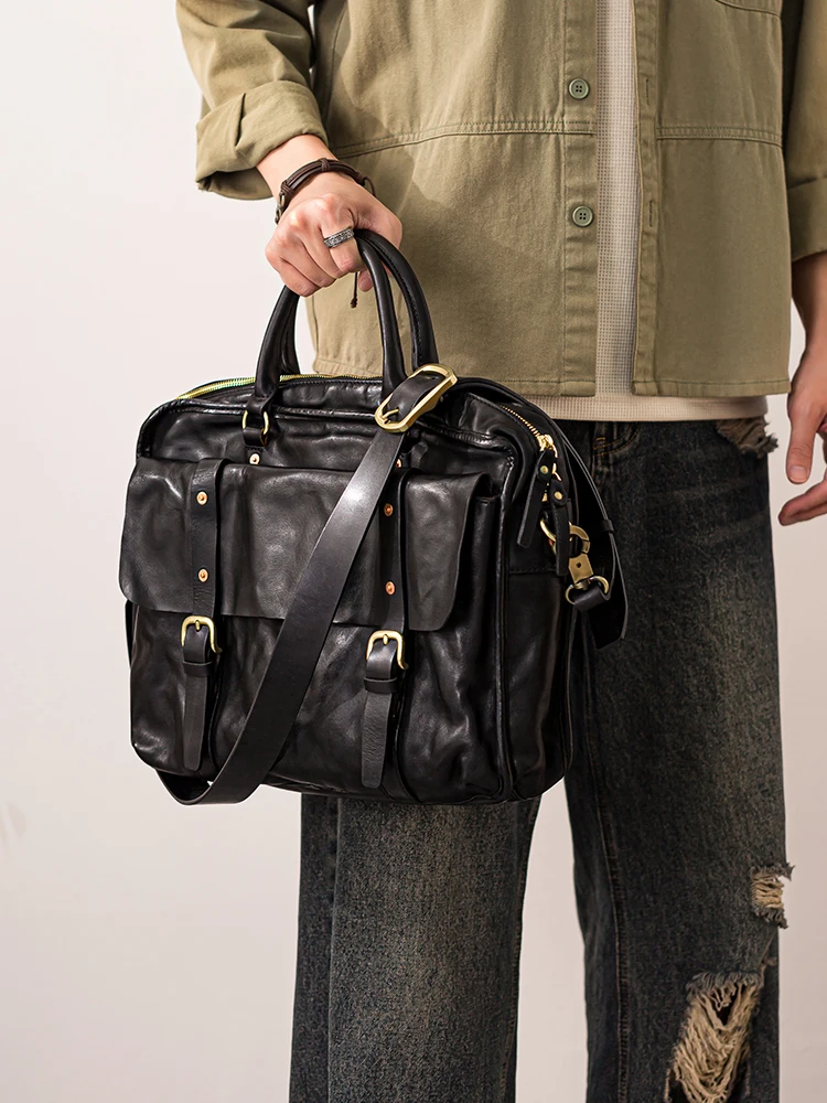 Fashion casual high-quality genuine leather men's briefcase business vintage cow leather large-capacity laptop women's handbag