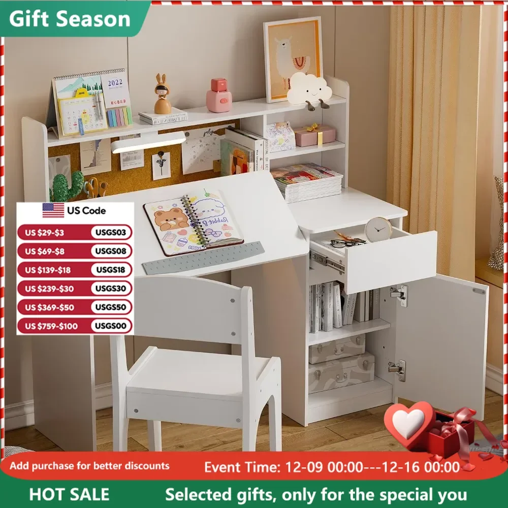 

Kids Desk and Chair Set,Kids Study Desk with 3-Color Lights,Tiltable Desktop,Multi Functional Study Table for Kids 5-12
