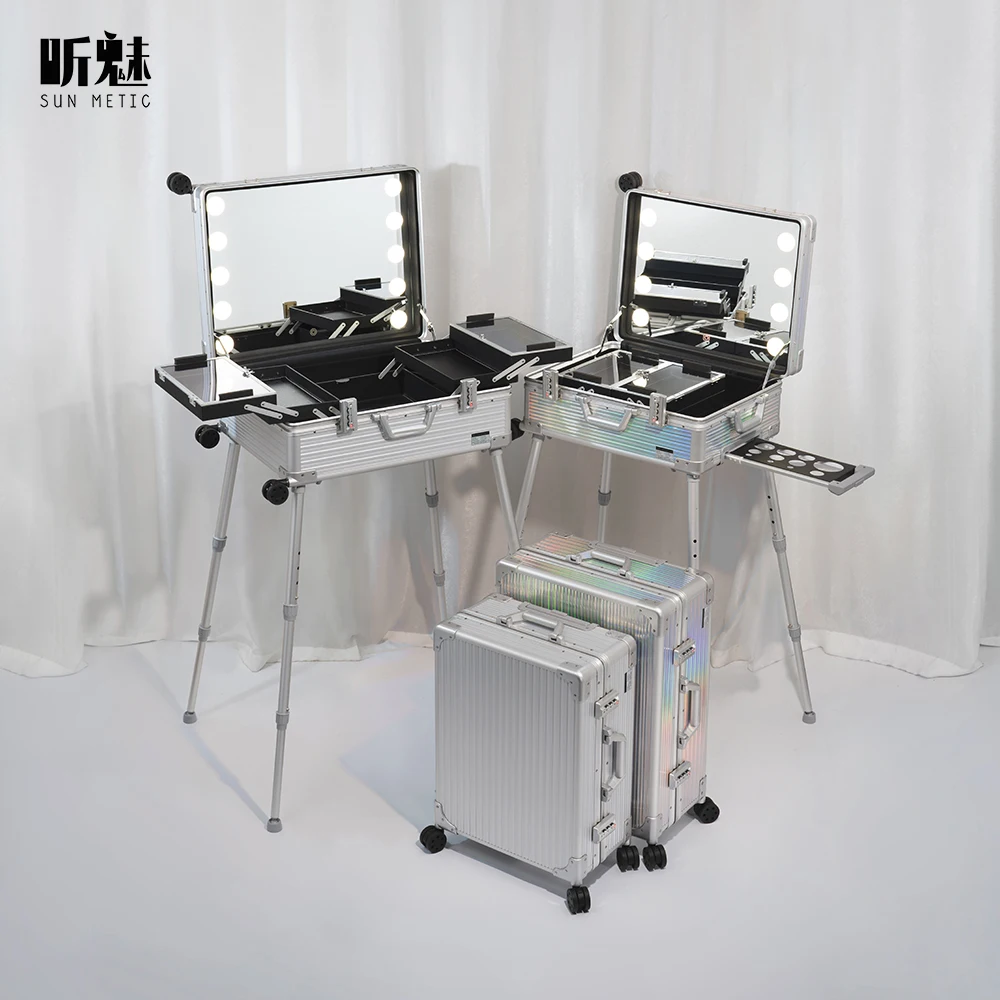 Integrated aluminum frame professional trolley cosmetic case with lamp adjustable bridal follow makeup artist toolbox bracket