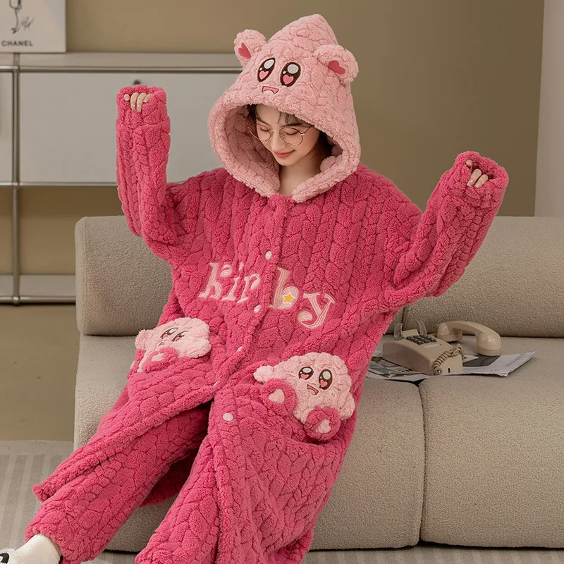 Star Kirby Cartoon Cute Coral Velvet Couple Pajamas Girl Winter Dressing Gown Thickened Fleece Loungewear Set to Wear Outside