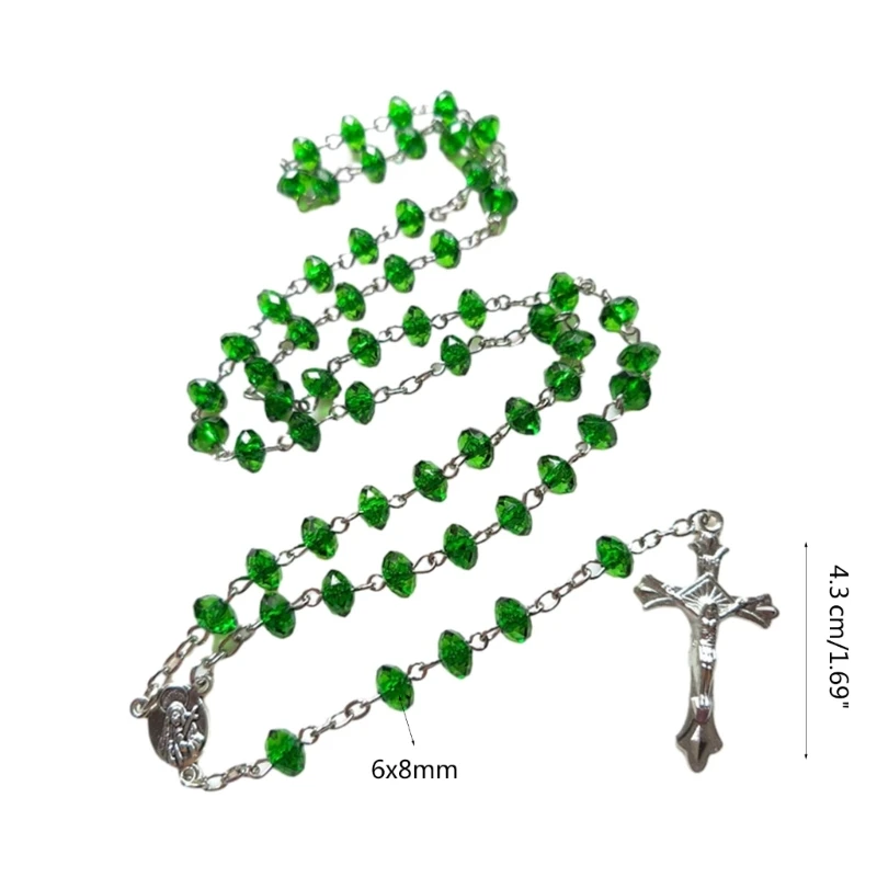 Green Stones Rosary Cross Necklace Christian VirginMary Center Accessories Sweater Chain Church Jewelry Accessories