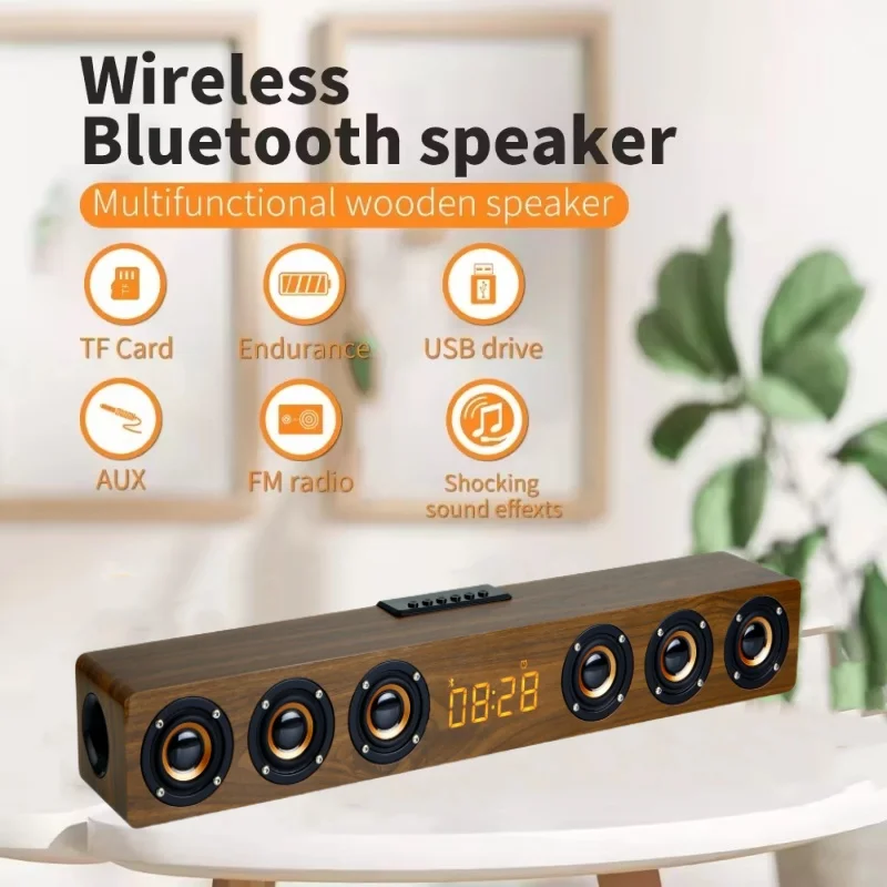 

K6 Wooden Wireless Caixa De Som Bluetooth Speaker Portable Subwoofer HIFI Home Theater TV Soundbar Echo Wall with Time Display