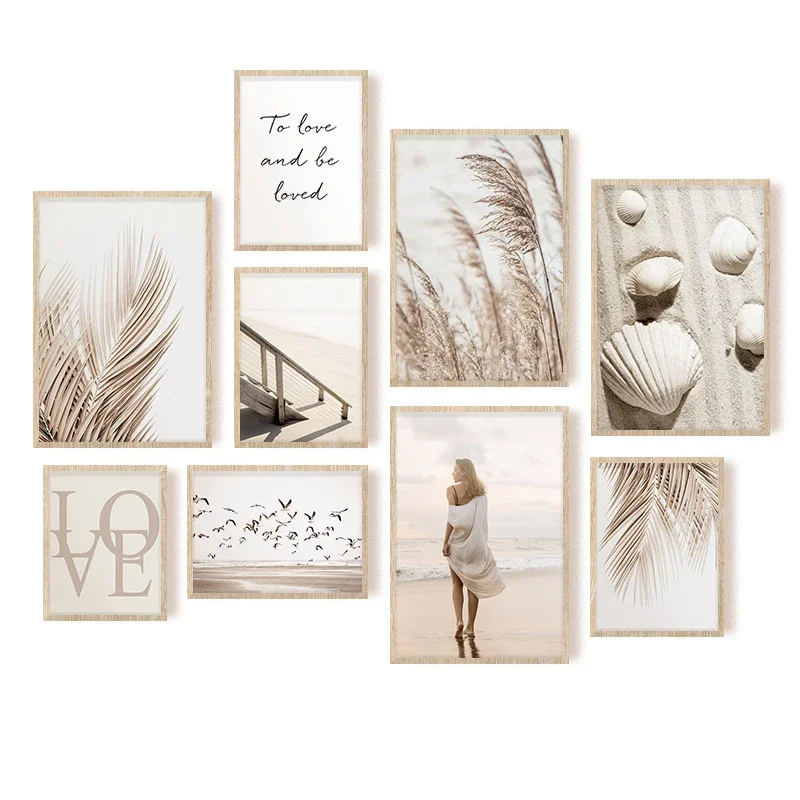 Beige Beach Girl Shell Nordic Canvas Wall Art Print Poster Landscape Leaf Reed Decor Painting Elegant Pictures for Living Roo