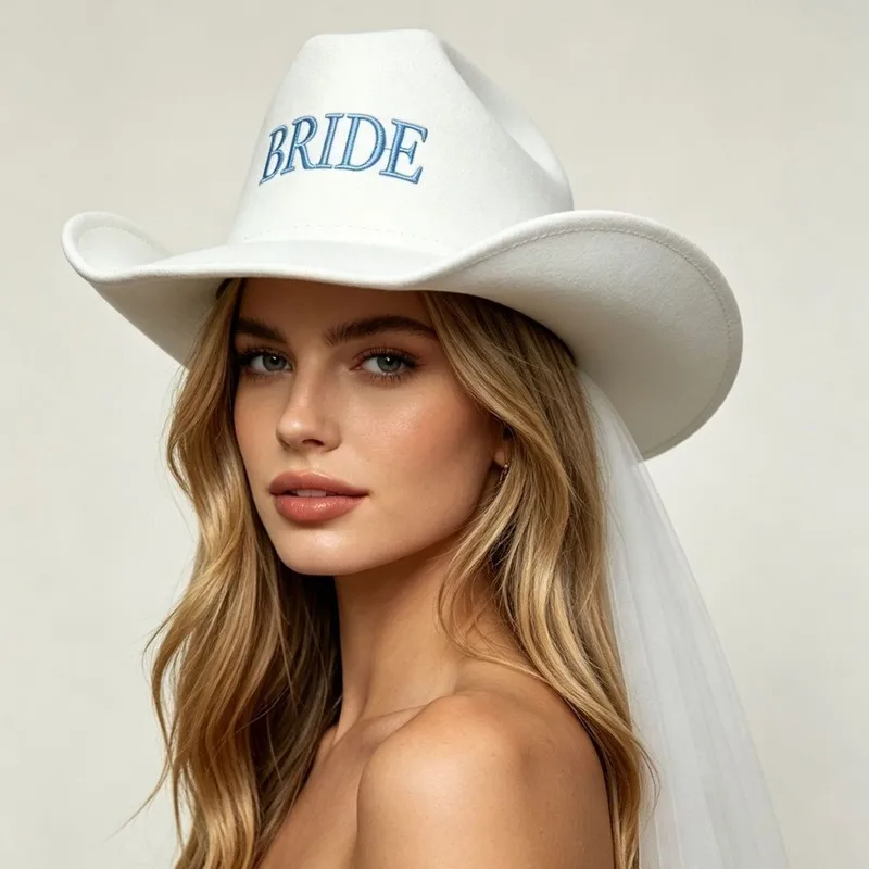 Western cowboy , bridal embroidered letters, paired with a flowing tail veil, wide-brimmed top hat for weddings and