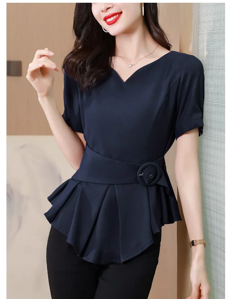 French Style Women Short Sleeve Peplum Tops Elegant Women Peplum Shirts Woman  Peplum Blouses