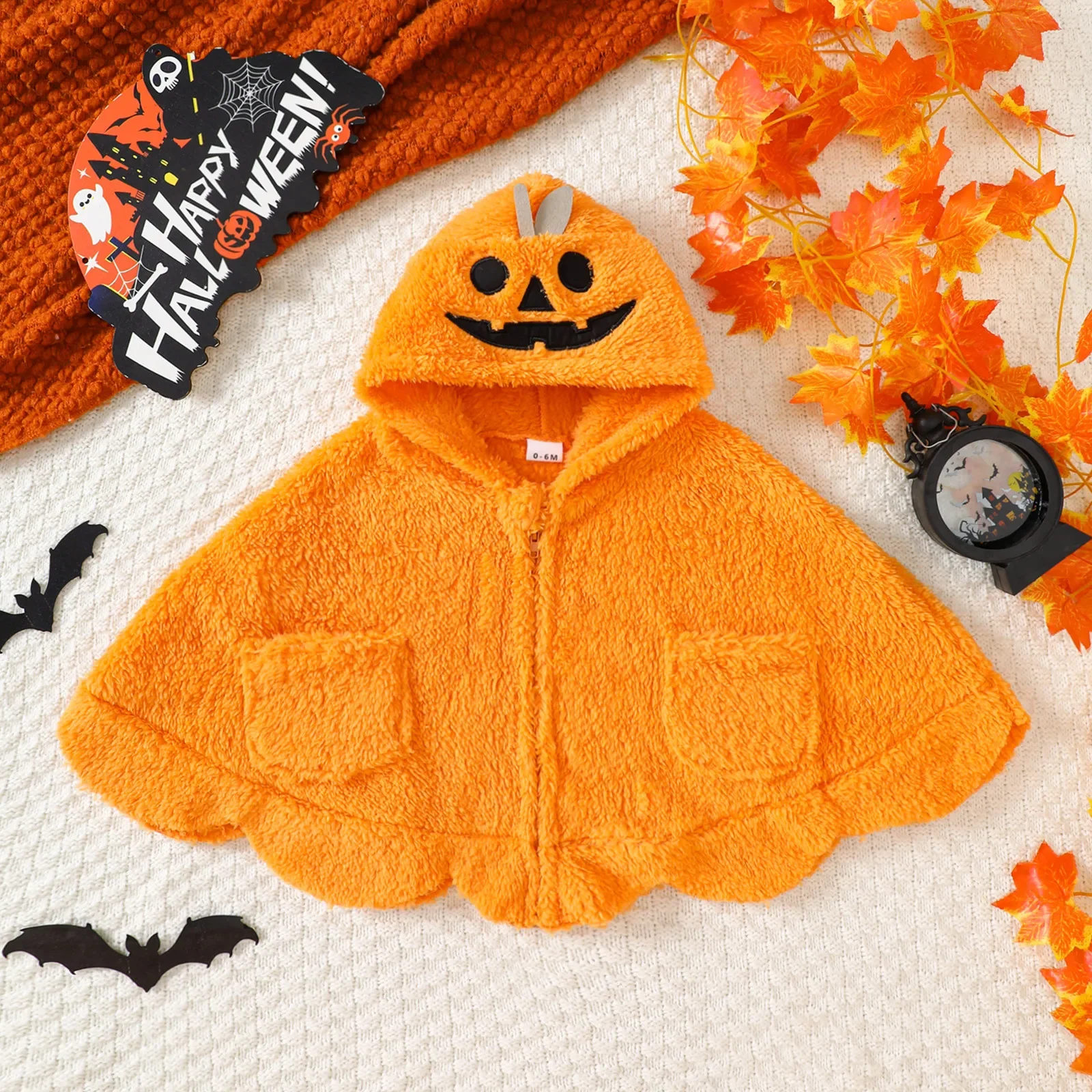 

2025 New Halloween Toddler Cape Fleece Lined Baby Ghost & Pumpkin Embroidery Cloak Warm Infant Costume for 0-4Y Kids