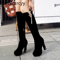 winter The New fashion Round head Thick heel 11CM Knight boots red Sequin tassel Plus velvet Keep warm High heel Women boots