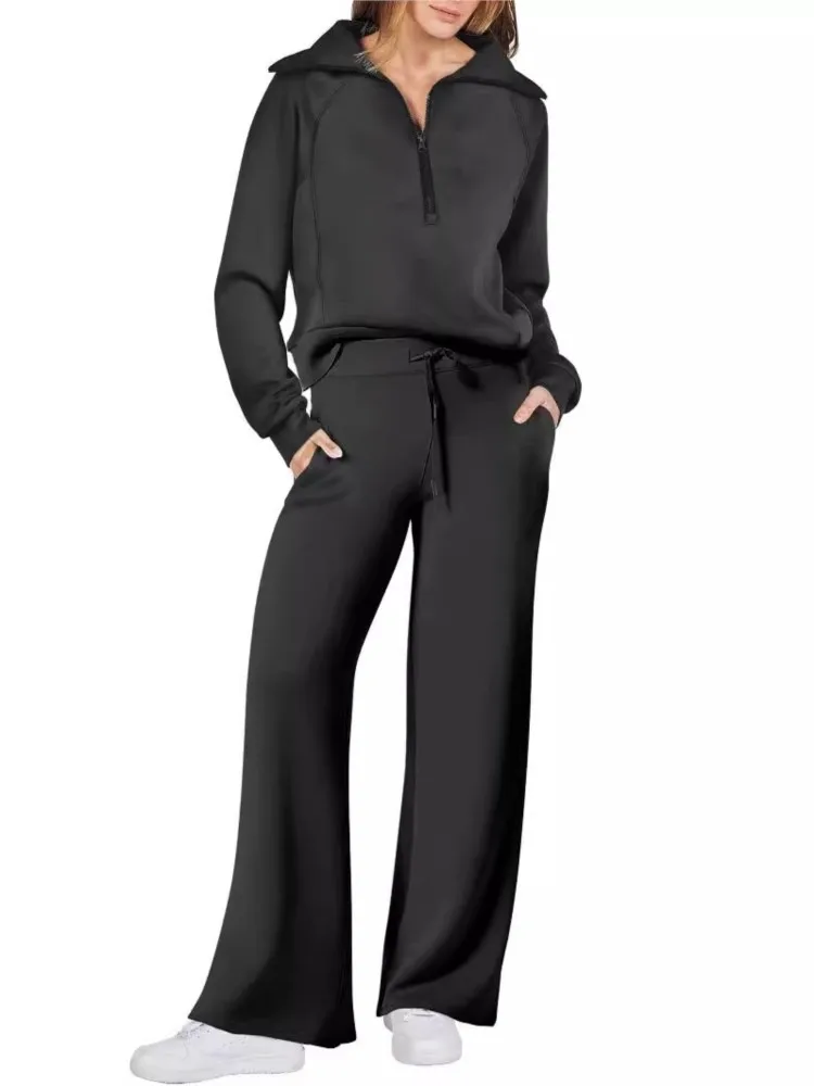 Women Autumn Winter Casual Sports Suit Fashionable Zipper Long Sleeved Sweatshirt With Tie Up Waist Wide Leg Pants Two-piece Set