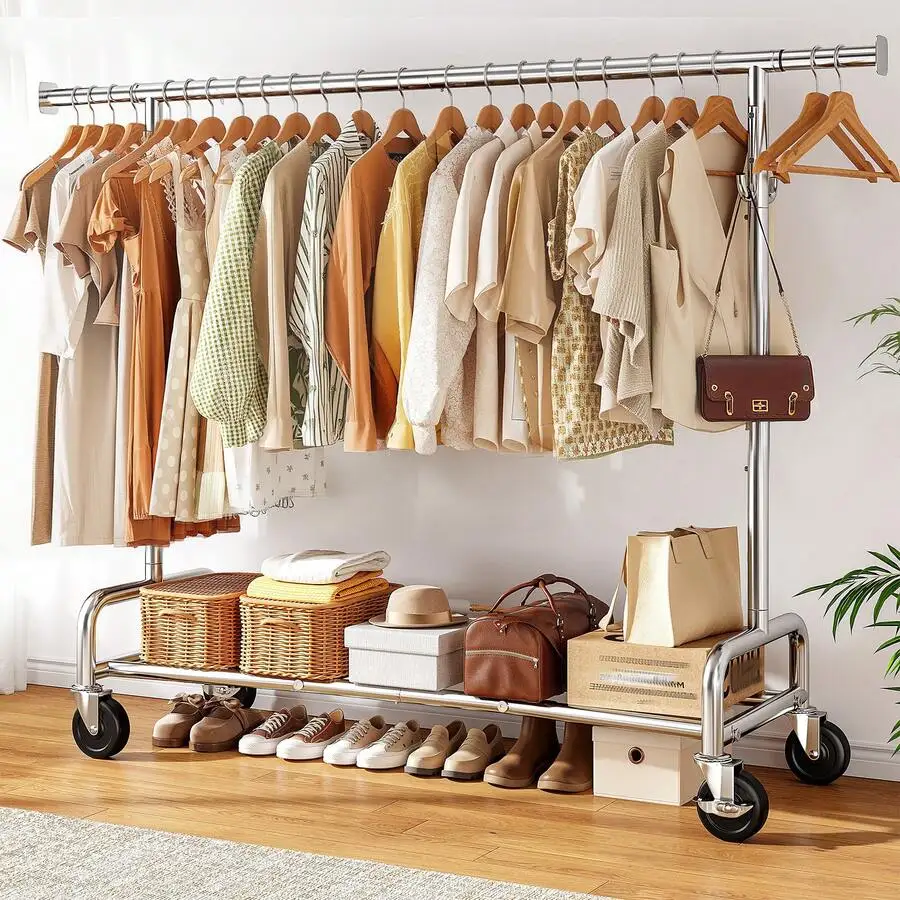 Multi-Functional Garment Rack With Locking Casters & Mesh Shelf 450LB Heavy-Duty Storage Organizer For Home And Laundry Use
