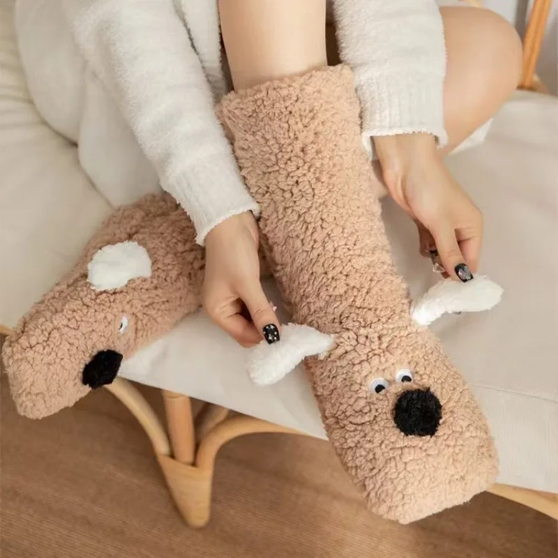 

Floor Socks Women Autumn and Winter Lamb Fleece 3D Dog Socks Sleep Home Slippers Adults Sleeping Socks Christmas Gift
