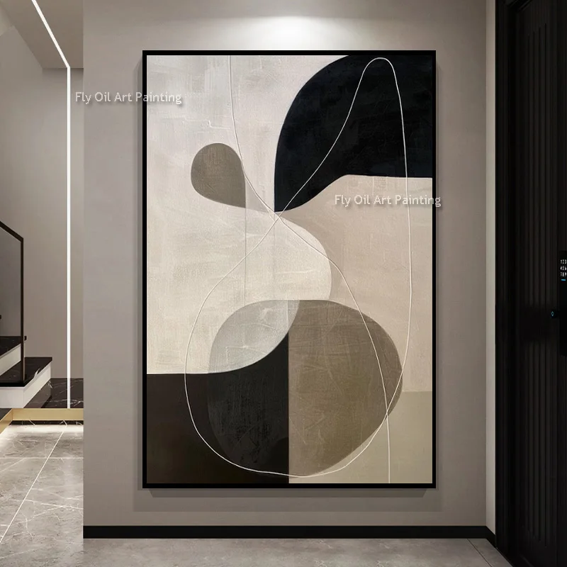 Hand‑Painted Neutral Abstract Oil Painting, Organic Curved Shapes Textured Canvas Art, Wabi‑Sabi Modern Living Room Wall Decor