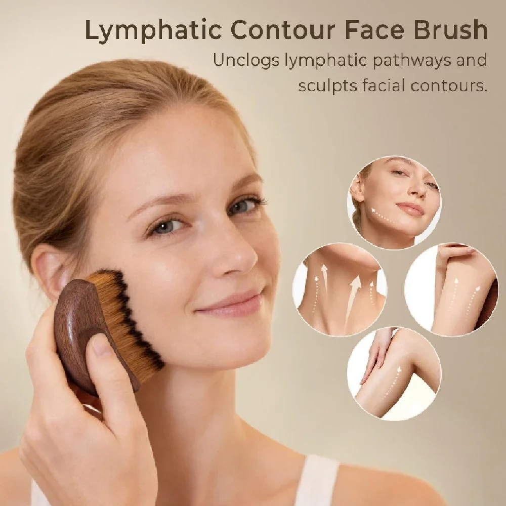 1Pcs Facial Gua Sha Brush, Wooden Handle Lymphatic Face Massager Soft Bristles for Face Neck Contour Lift