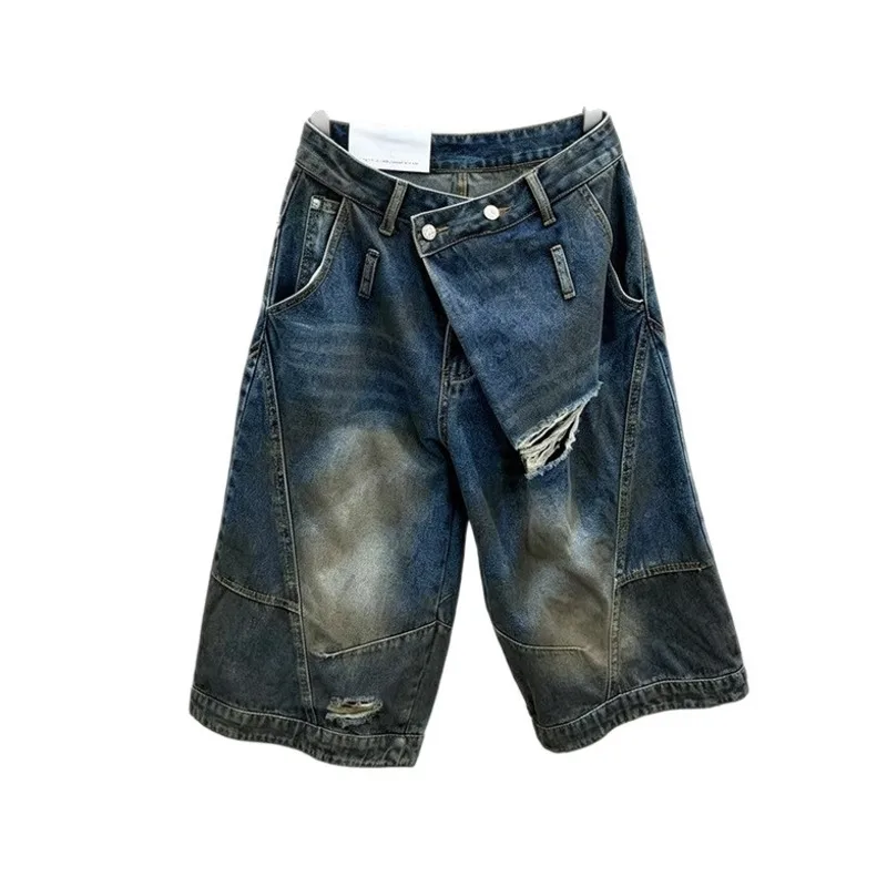 ANJY Spring Summer New Women American Style Washed Distressed Ripped Trendy Jeans Chic Loose Wide-Leg Denim Cropped Pants A24843