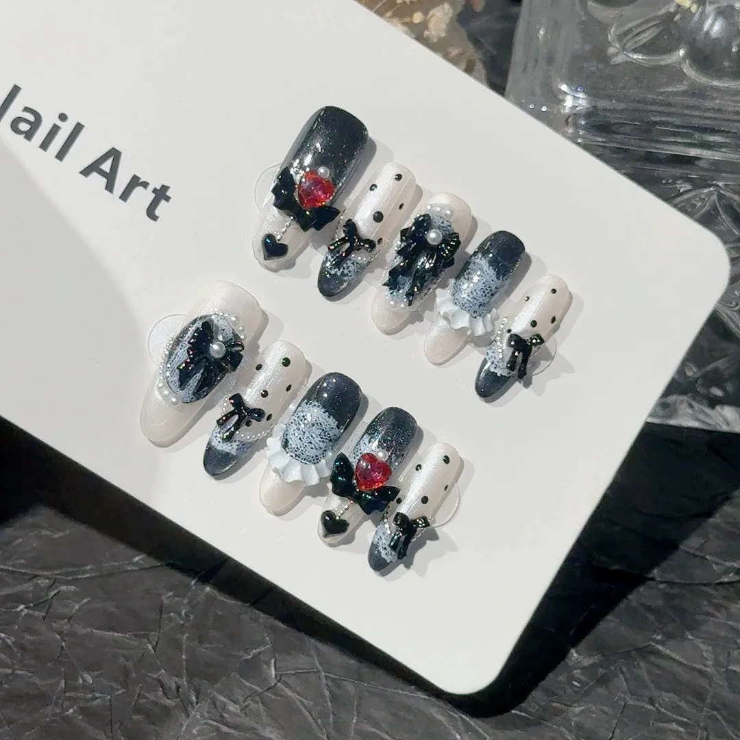 Halloween Black Aurora Cat's Eye False Nails Charming 3D Bow Decor Handmade Press On Nails Long Almond French Fake Nails 10pcs