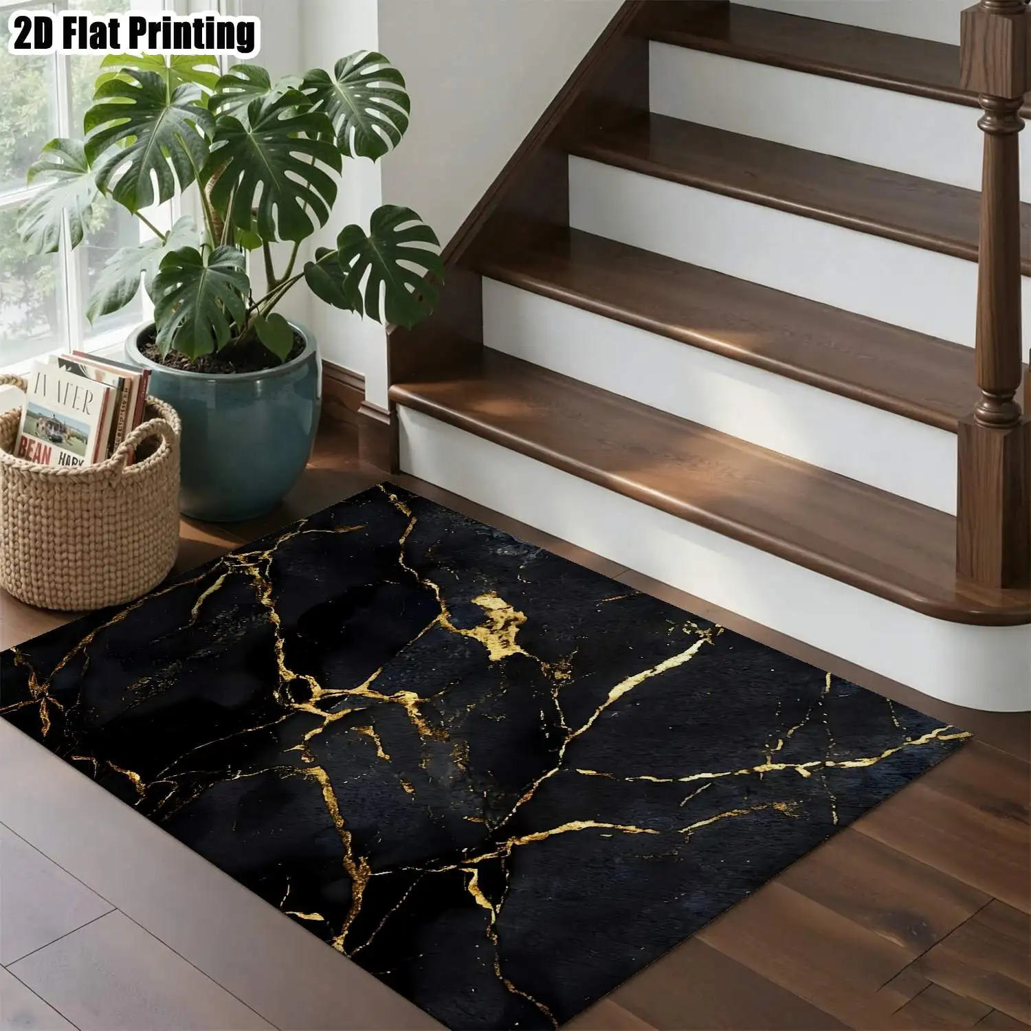 1Pc 2D Printed Black Gold Marble Texture Carpet, Nordic/Instagram Modern Simple Vintage Geometric Striped Floor Mat, Home Decor, Multi-Size, Machine Washable, for Entrance, Dining Room, Foyer, Bedroom, Living Room